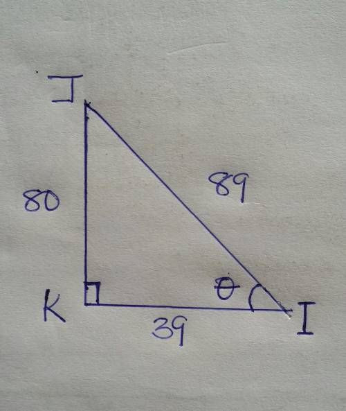 In triangle IJK, the measure of angle K is 90, IK= 39, JI = 89 and KJ= 80. What ratio represents the