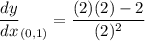 \dfrac{dy}{dx}_{(0,1)}=\dfrac{(2)(2)-2}{(2)^2}