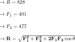 \to R= 828\\\\\to F_1= 401\\\\\to F_2=477\\\\\to \bold{R=\sqrt{F_1^2+F_2^2+2F_1F_2 \cos \theta}}