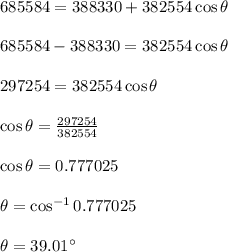 685584 =388330+382554 \cos \theta\\\\685584 -388330=382554 \cos \theta\\\\297254=382554 \cos \theta\\\\\cos \theta=\frac{297254}{382554}\\\\\cos \theta=0.777025\\\\\theta= \cos^{-1} 0.777025\\\\\theta= 39.01^{\circ}