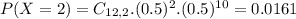 P(X = 2) = C_{12,2}.(0.5)^{2}.(0.5)^{10} = 0.0161