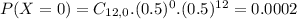 P(X = 0) = C_{12,0}.(0.5)^{0}.(0.5)^{12} = 0.0002