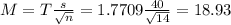 M = T\frac{s}{\sqrt{n}} = 1.7709\frac{40}{\sqrt{14}} = 18.93