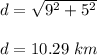 d=\sqrt{9^2+5^2} \\\\d=10.29\ km