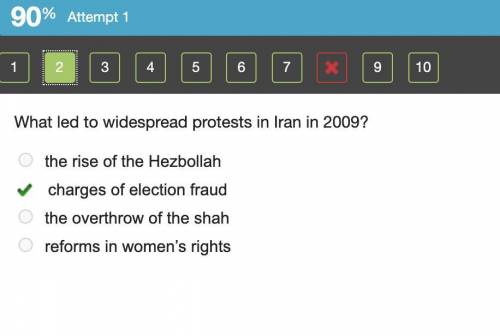 What led to widespread protests in Iran in 2009?

the rise of the Hezbollah
charges of election frau