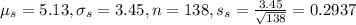 \mu_{s} = 5.13, \sigma_{s} = 3.45, n = 138, s_s = \frac{3.45}{\sqrt{138}} = 0.2937