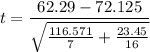 $t=\frac{62.29-72.125}{\sqrt{\frac{116.571}{7}+\frac{23.45}{16}}}$