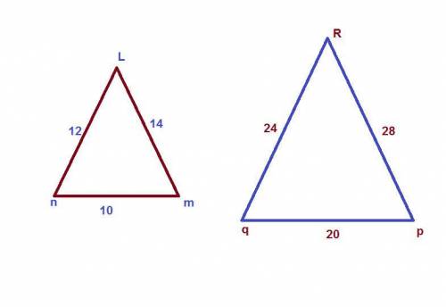 The triangles shown are similar. Which side of triangle PQR corresponds to side LN in triangle MNL?