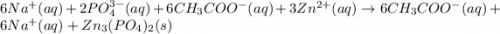 6Na^+(aq)+2PO_4^{3-}(aq)+6CH_3COO^-(aq)+3Zn^{2+}(aq)\rightarrow 6CH_3COO^-(aq)+6Na^+(aq)+Zn_3(PO_4)_2(s)