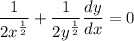 \displaystyle \frac{1}{2x^{\frac{1}{2}}} + \frac{1}{2y^{\frac{1}{2}}}\frac{dy}{dx} = 0