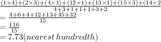 \frac{(1 \times 4) + (2 \times 3)  + (4 \times 1) + (12 \times 1) + (13 \times 1) + (15 \times 3) + (14  \times 2}{4 + 3 + 1 + 1 + 1 + 3 + 2}  \\  =  \frac{4 + 6 + 4 + 12 + 13 + 45 + 32}{15}  \\  =  \frac{116}{15}  \\  = 7.73(nearest \: hundredth)