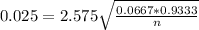 0.025 = 2.575\sqrt{\frac{0.0667*0.9333}{n}}