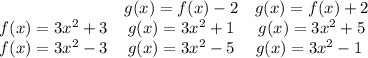\begin{array}{ccc}{} & {g(x) = f(x) - 2} & {g(x) = f(x) + 2} & {f(x) = 3x^2 + 3} & {g(x) =3x^2 + 1} & {g(x) =3x^2 + 5} & {f(x) = 3x^2 - 3} & {g(x) =3x^2 -5} & {g(x) =3x^2 - 1}  \ \end{array}