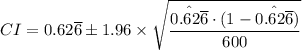 CI=0.62 \overline 6\pm 1.96\times \sqrt{\dfrac{\hat{0.62 \overline 6}\cdot (1-\hat{0.62 \overline 6})}{600}}