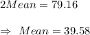 2Mean =79.16\\\\\Rightarrow\ Mean= 39.58