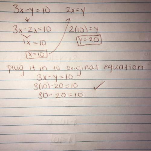Solve the system by substitution 3x-y=10 2x=y