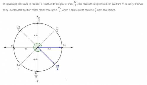 An angle with measure seven pi over 4 radians is in standard position. In which quadrant does its te