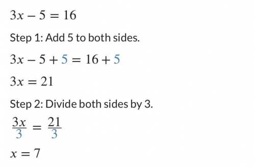 Solve the following equations for x. Write your answer in set notation.
3x-5=16