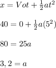 x = Vot + \frac{1}{2}at^2\\\\40=0+\frac{1}{2}a(5^2 )\\\\80=25a\\\\3,2=a