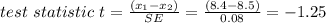 test\ statistic \ t = \frac{(x_1 - x_2)}{SE} = \frac{(8.4 - 8.5)}{0.08} = -1.25