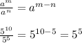 \frac{a^{m}}{a^{n}}=a^{m-n}\\\\\frac{5^{10}}{5^{5}}=5^{10-5} = 5^{5}