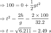 \Rightarrow 100=0+\dfrac{1}{2}gt^2\\\\\Rightarrow t^2=\dfrac{2h}{g}=\dfrac{2\times 100}{32.2}\\\\\Rightarrow t=\sqrt{6.211}=2.49\ s