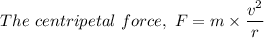 The \ centripetal \ force, \ F = m \times \dfrac{v^2}{r}