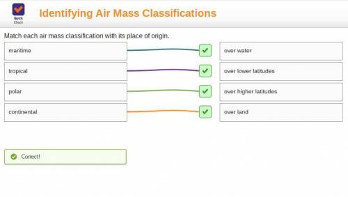 Match each air mass classification with its place of origin.

polar
over land
continental
over highe