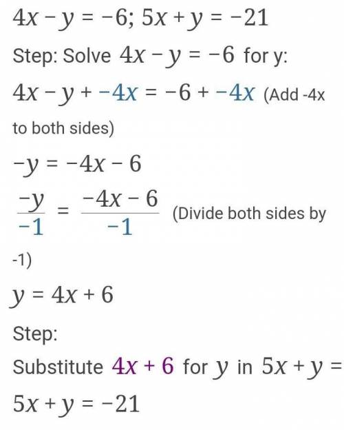 Solve the system of equations using addition. 4x –y = –6 5x + y = –21 what is the solution of the sy