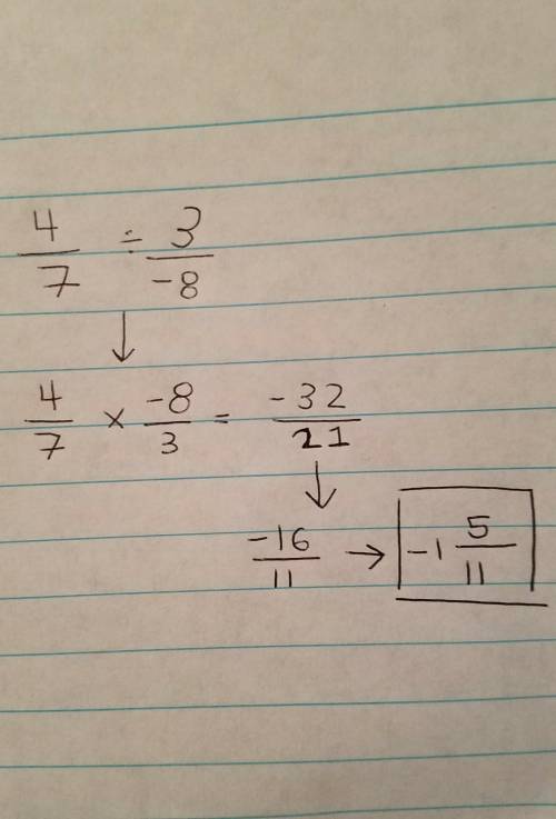 Simplify 4 over 7 divided by 3 over negative 8
