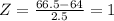 Z=\frac{66.5-64}{2.5}=1