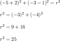 (-5+2)^2+(-3-1)^2=r^2\\\\r^2=(-3)^2+(-4)^2\\\\r^2=9+16\\\\r^2=25