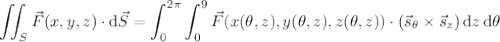 \displaystyle\iint_S\vec F(x,y,z)\cdot\mathrm d\vec S=\int_0^{2\pi}\int_0^9\vec F(x(\theta,z),y(\theta,z),z(\theta,z))\cdot(\vec s_\theta\times\vec s_z)\,\mathrm dz\,\mathrm d\theta