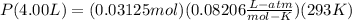 P(4.00L) = (0.03125 mol)(0.08206\frac{L-atm}{mol-K} )(293K)