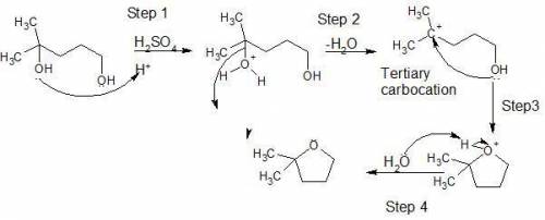 When 2-methyl-2,5-pentanediol is treated with sulfuric acid, dehydration occurs and 2,2-dimethyltetr