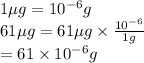 1 \mu g = 10^{-6} g\\61 \mu g = 61 \mu g \times \frac{10^{-6}}{1 g}\\= 61 \times 10^{-6} g