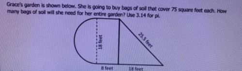 Grace’s garden is shown below. She is going to buy bags of soil that cover 75 square feet each. How