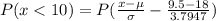 P(x < 10) = P(\frac{x-\mu}{\sigma} -\frac{9.5-18}{3.7947} )