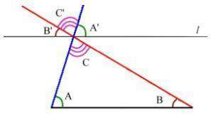 Line p is parallel to line q. Which proof explains why the sum of the interior angles of the triangl
