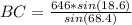 BC = \frac{646*sin(18.6)}{sin(68.4)}