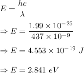 E=\dfrac{hc}{\lambda}\\\\\Rightarrow E=\dfrac{1.99\times 10^{-25}}{437\times 10^{-9}}\\\\\Rightarrow E=4.553\times 10^{-19}\ J\\\\\Rightarrow E=2.841\ eV