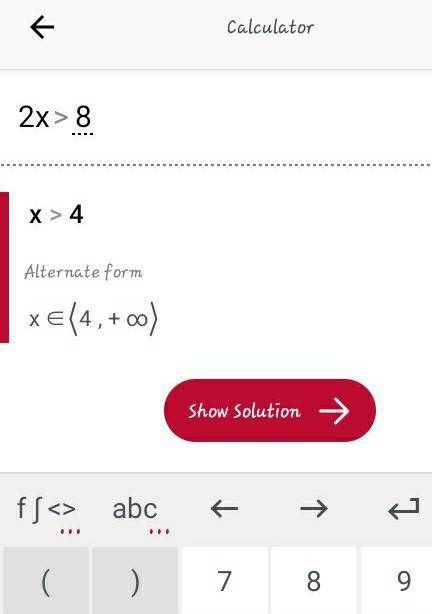 If 2x > 8, find the first integer solution.A. 3B. 4C. 5D. 6​