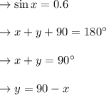 \to \sin x = 0.6\\\\\to x+y+90=180^{\circ} \\\\\to x+y=90^{\circ} \\\\\to y=90-x\\\\
