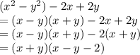({x}^{2}  -  {y}^{2} ) - 2x + 2y \\  = (x - y)(x + y) - 2x + 2y \\  = (x - y)(x + y) - 2(x + y) \\  = (x + y)(x - y - 2)