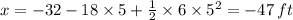 x =  - 32  - 18 \times 5 +  \frac{1}{2}  \times 6 \times 5 {}^{2}  =  - 47 \: ft