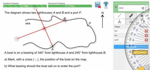 The diagram shows two lighthouses A and B and a port P

A boat is on a bearing of 340° from lighthou
