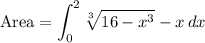 \displaystyle \text{Area}=\int_{0}^2\sqrt[3]{16-x^3}-x\, dx