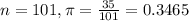 n = 101, \pi = \frac{35}{101} = 0.3465