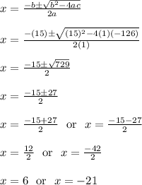 x = \frac{-b\pm\sqrt{b^2-4ac}}{2a}\\\\x = \frac{-(15)\pm\sqrt{(15)^2-4(1)(-126)}}{2(1)}\\\\x = \frac{-15\pm\sqrt{729}}{2}\\\\x = \frac{-15\pm27}{2}\\\\x = \frac{-15+27}{2} \ \text{ or } \ x = \frac{-15-27}{2}\\\\x = \frac{12}{2} \ \text{ or } \ x = \frac{-42}{2}\\\\x = 6 \ \text{ or } \ x = -21\\\\