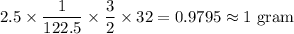 2.5\times \dfrac{1}{122.5}\times \dfrac{3}{2}\times 32=0.9795\approx 1\ \text{gram}